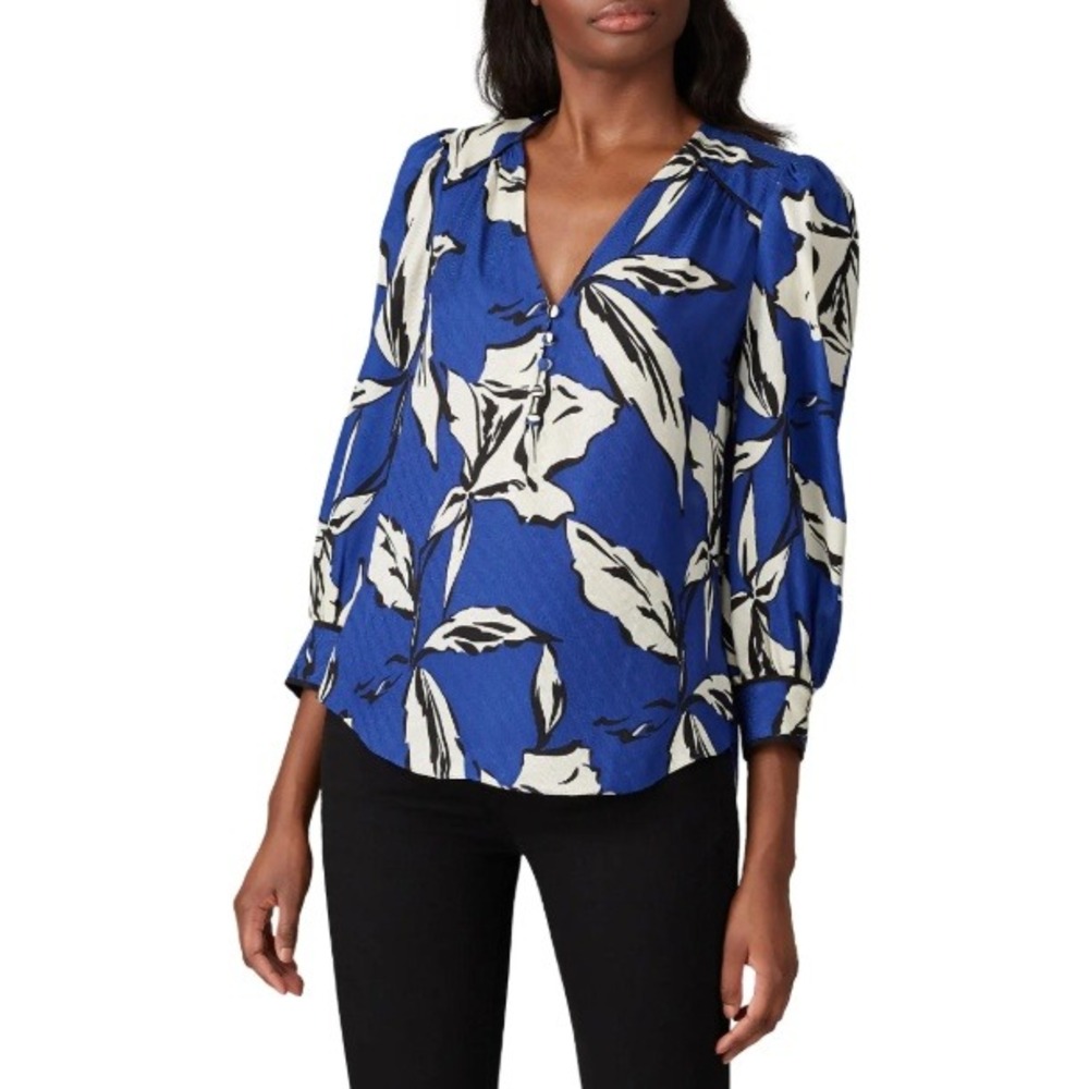 Veronica Beard Blue and Cream Floral Print Blouse - Picture 2 of 13